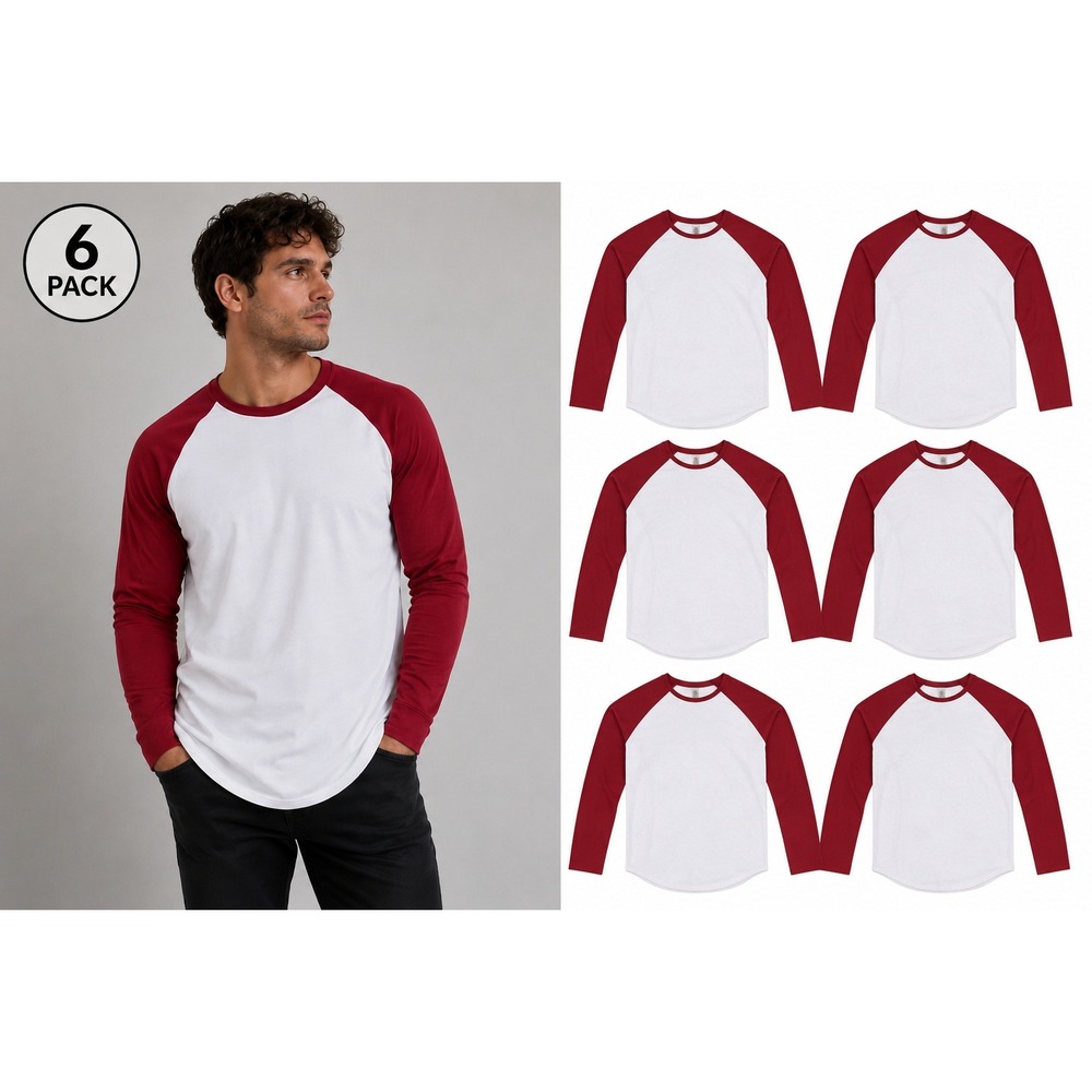 Royal Avalon Sport Mens Baseball Tee Red White Raglan Long Sleeve Cotton L‎ 6Pk